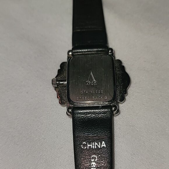 New Gothic Avon Silvertone‎ Marcasite Watch Black Leather Band Goth Romantic - Picture 7 of 10